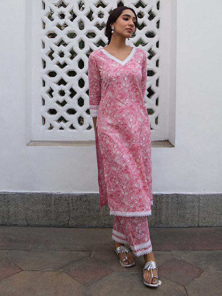 Pink Cotton Floral Regular Kurta Set  - By Janasya