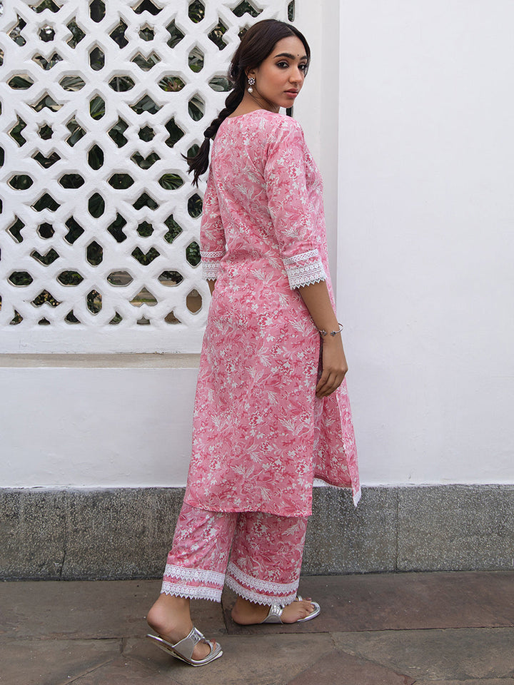 Pink Cotton Floral Regular Kurta Set  - By Janasya