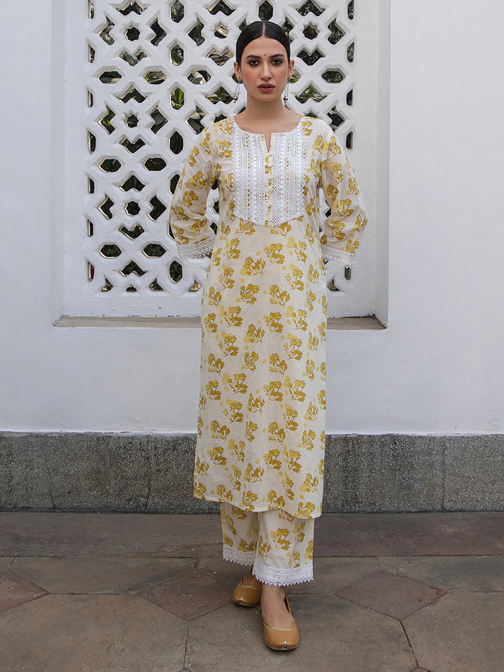 Off White Cotton Floral Straight Kurta Set  - By Janasya