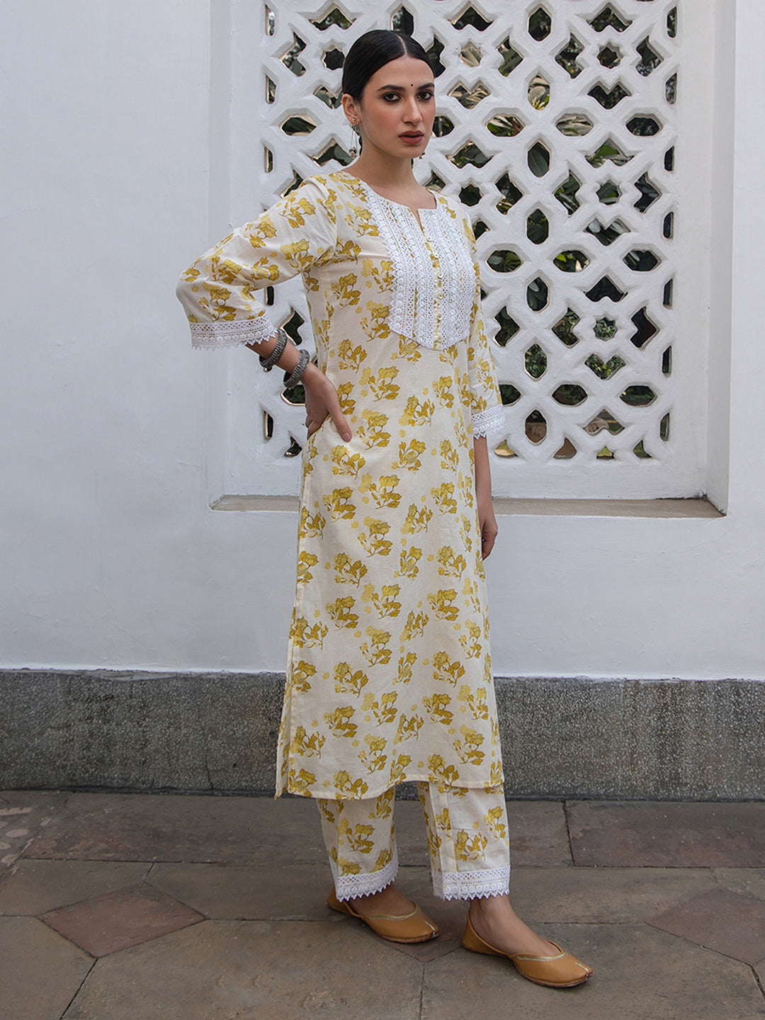 Off White Cotton Floral Straight Kurta Set  - By Janasya