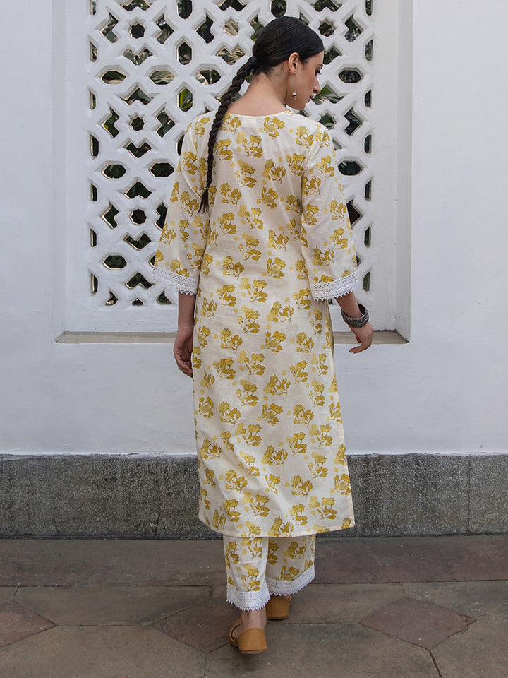 Off White Cotton Floral Straight Kurta Set  - By Janasya