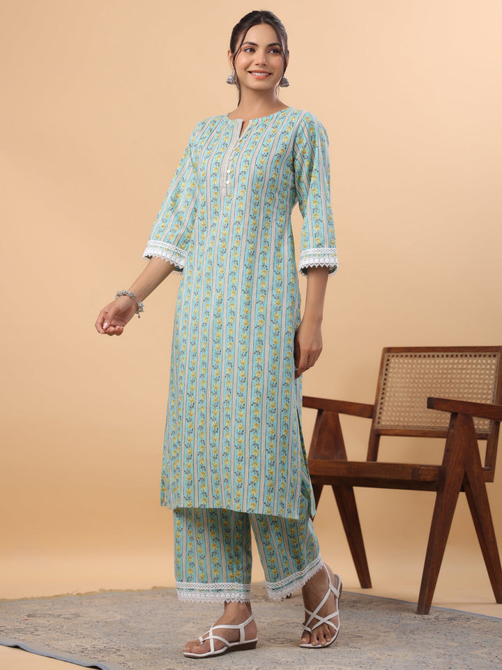 Light Blue Cotton Floral Regular Kurta Set  - By Janasya