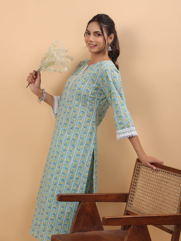 Light Blue Cotton Floral Regular Kurta Set  - By Janasya