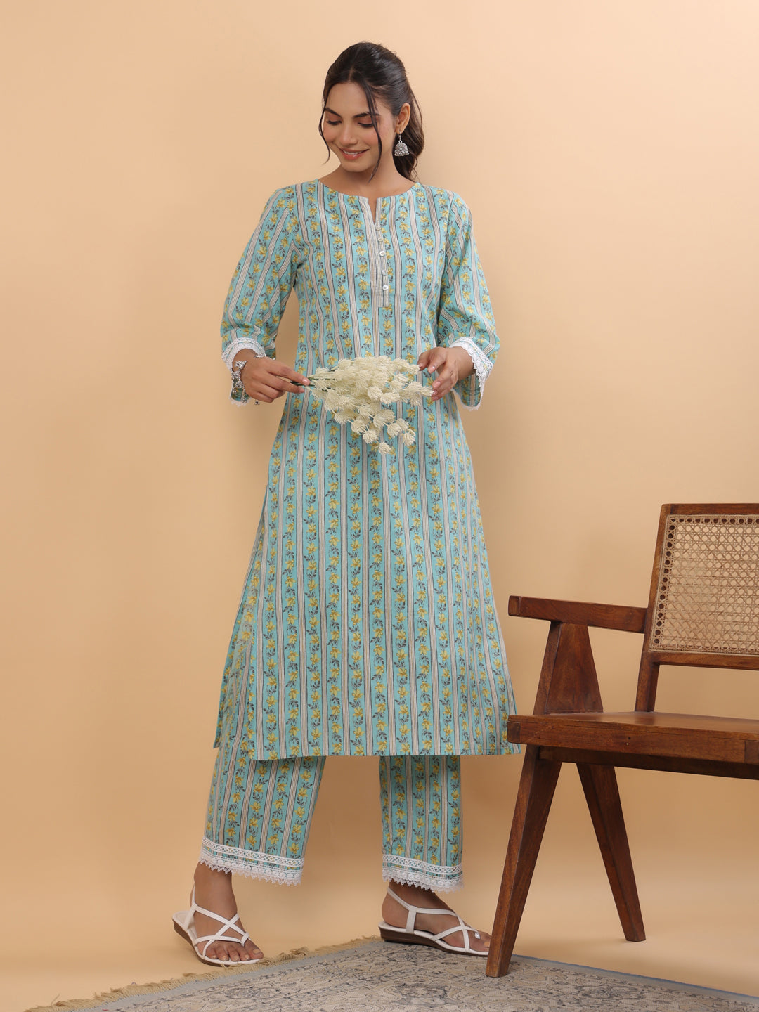 Light Blue Cotton Floral Regular Kurta Set  - By Janasya