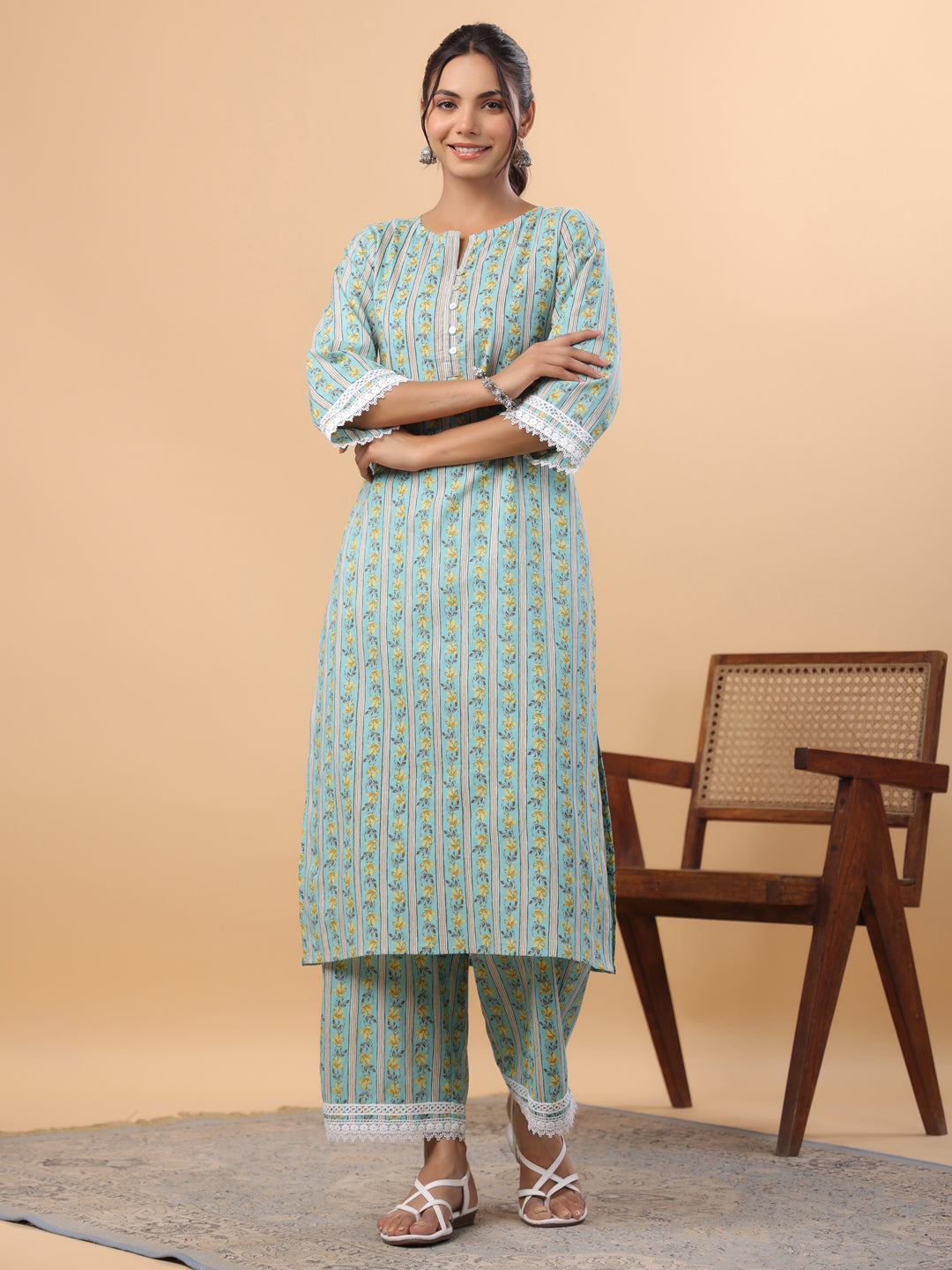 Light Blue Cotton Floral Regular Kurta Set  - By Janasya