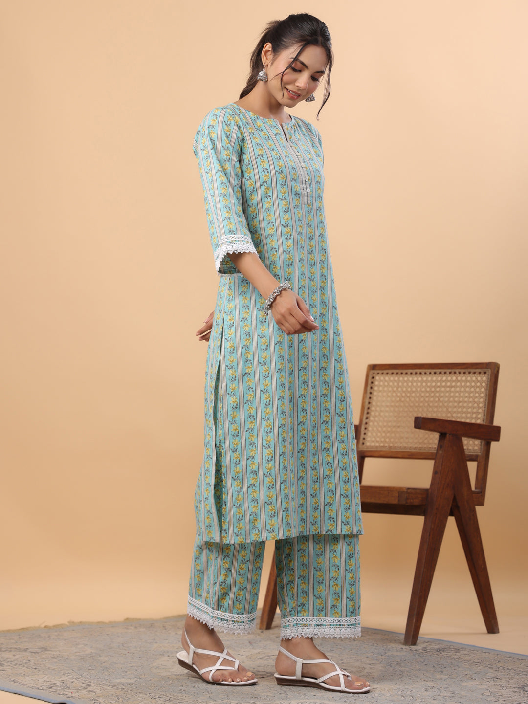 Light Blue Cotton Floral Regular Kurta Set  - By Janasya