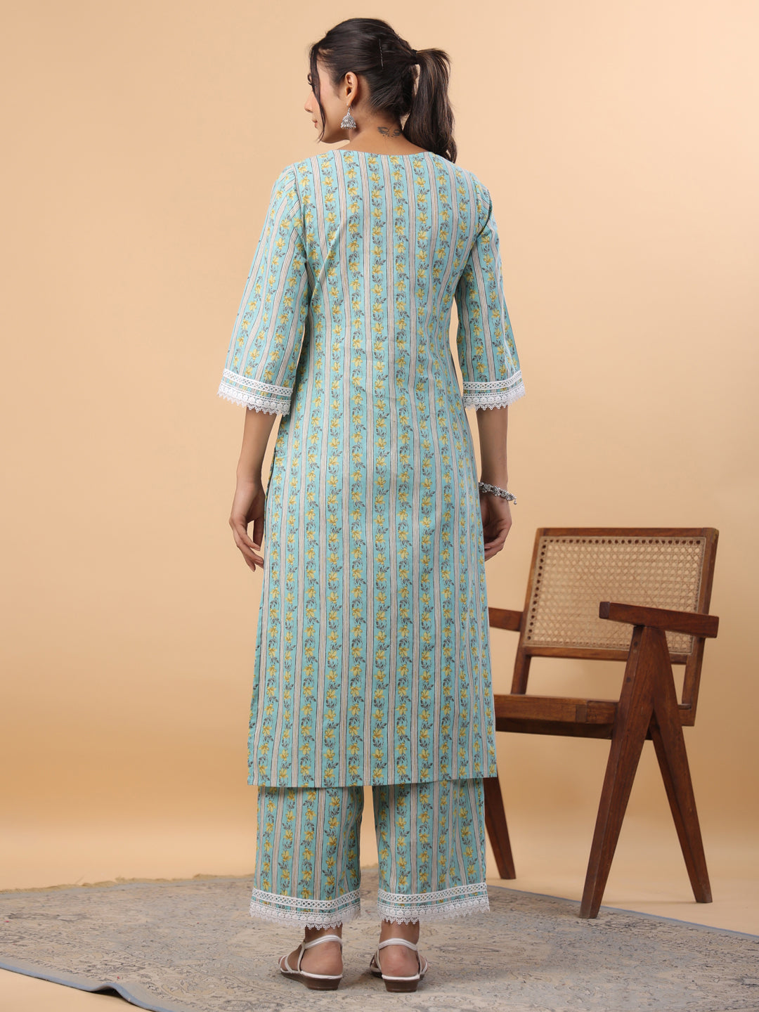 Light Blue Cotton Floral Regular Kurta Set  - By Janasya