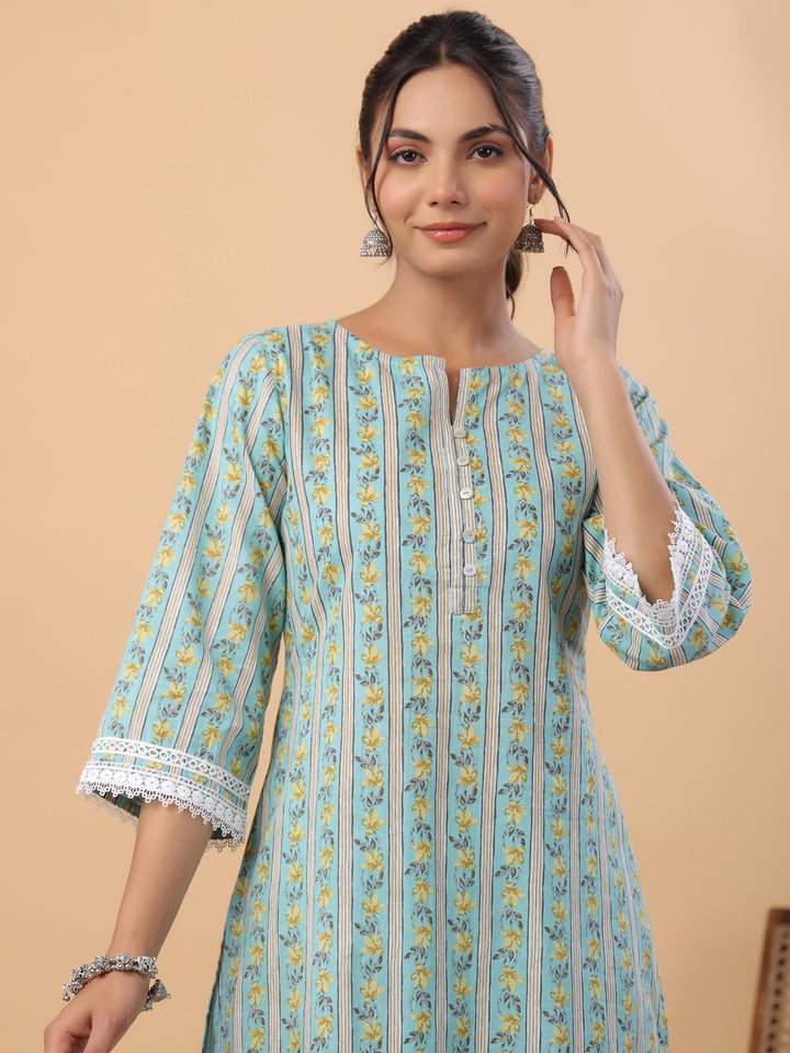 Light Blue Cotton Floral Regular Kurta Set  - By Janasya