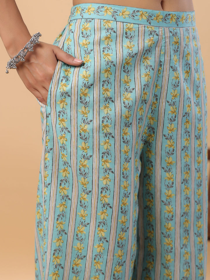 Light Blue Cotton Floral Regular Kurta Set  - By Janasya