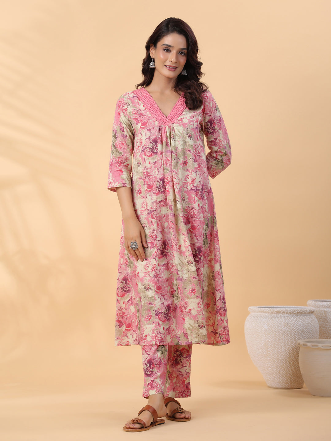 Cream Cotton Abstract Pleated Kurta Set  - By Janasya