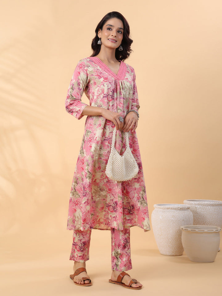 Cream Cotton Abstract Pleated Kurta Set  - By Janasya