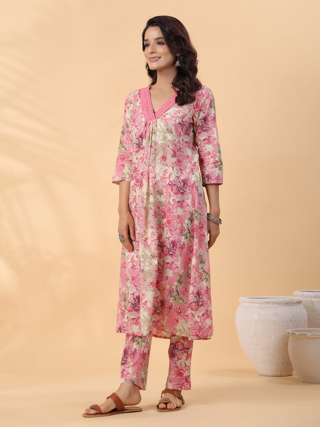 Cream Cotton Abstract Pleated Kurta Set  - By Janasya