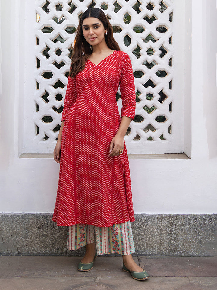 Red Cotton Ethnic Motifs A-Line Kurta Set  - By Janasya