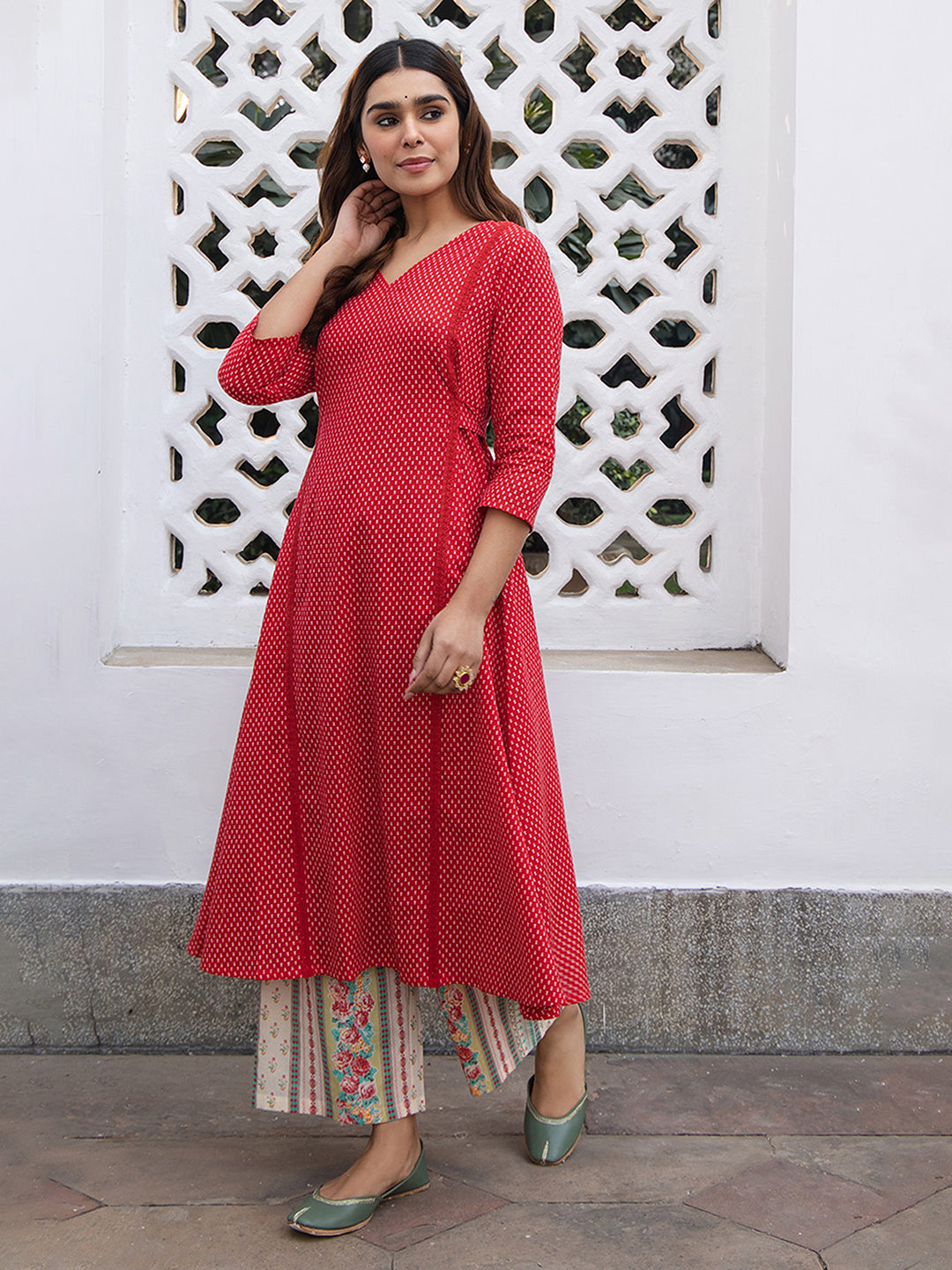 Red Cotton Ethnic Motifs A-Line Kurta Set  - By Janasya