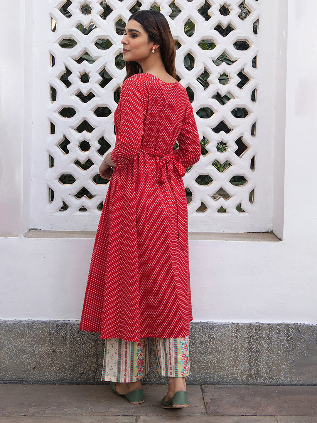 Red Cotton Ethnic Motifs A-Line Kurta Set  - By Janasya