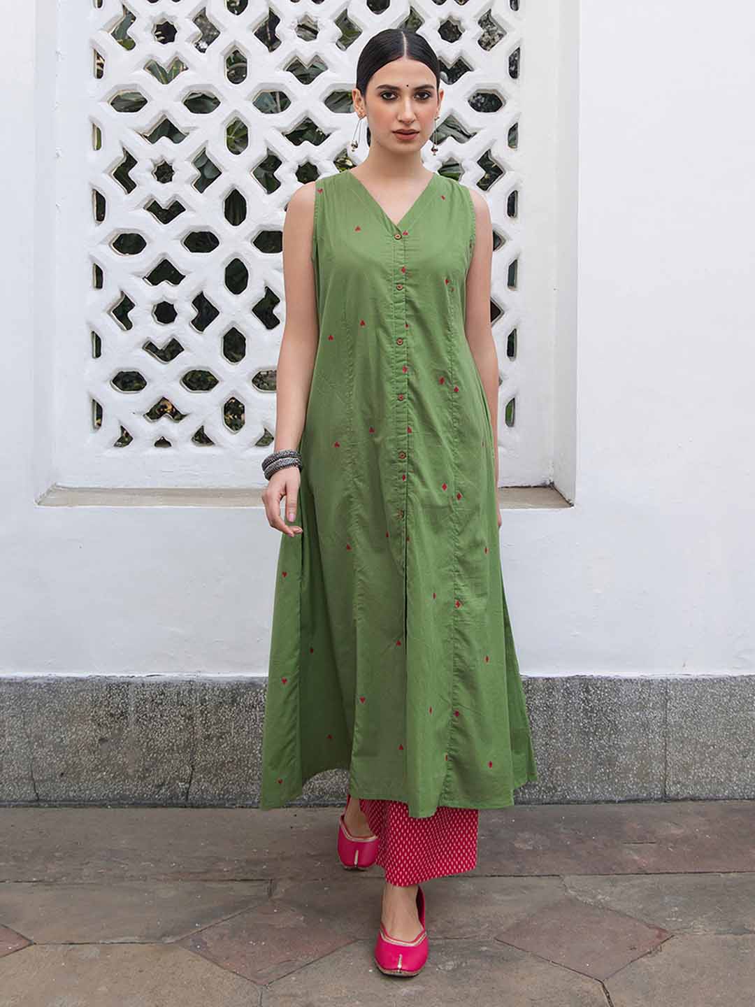 Green Cotton Geometric A-Line Kurta Set  - By Janasya