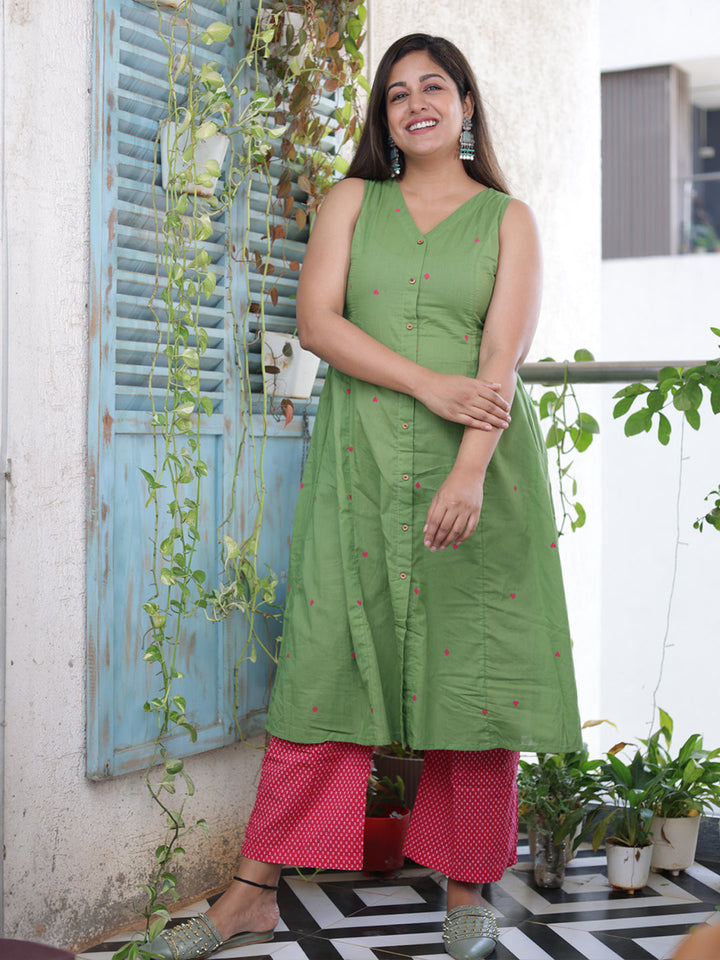 Green Cotton Geometric A-Line Kurta Set  - By Janasya