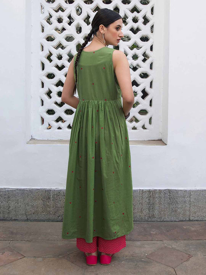 Green Cotton Geometric A-Line Kurta Set  - By Janasya