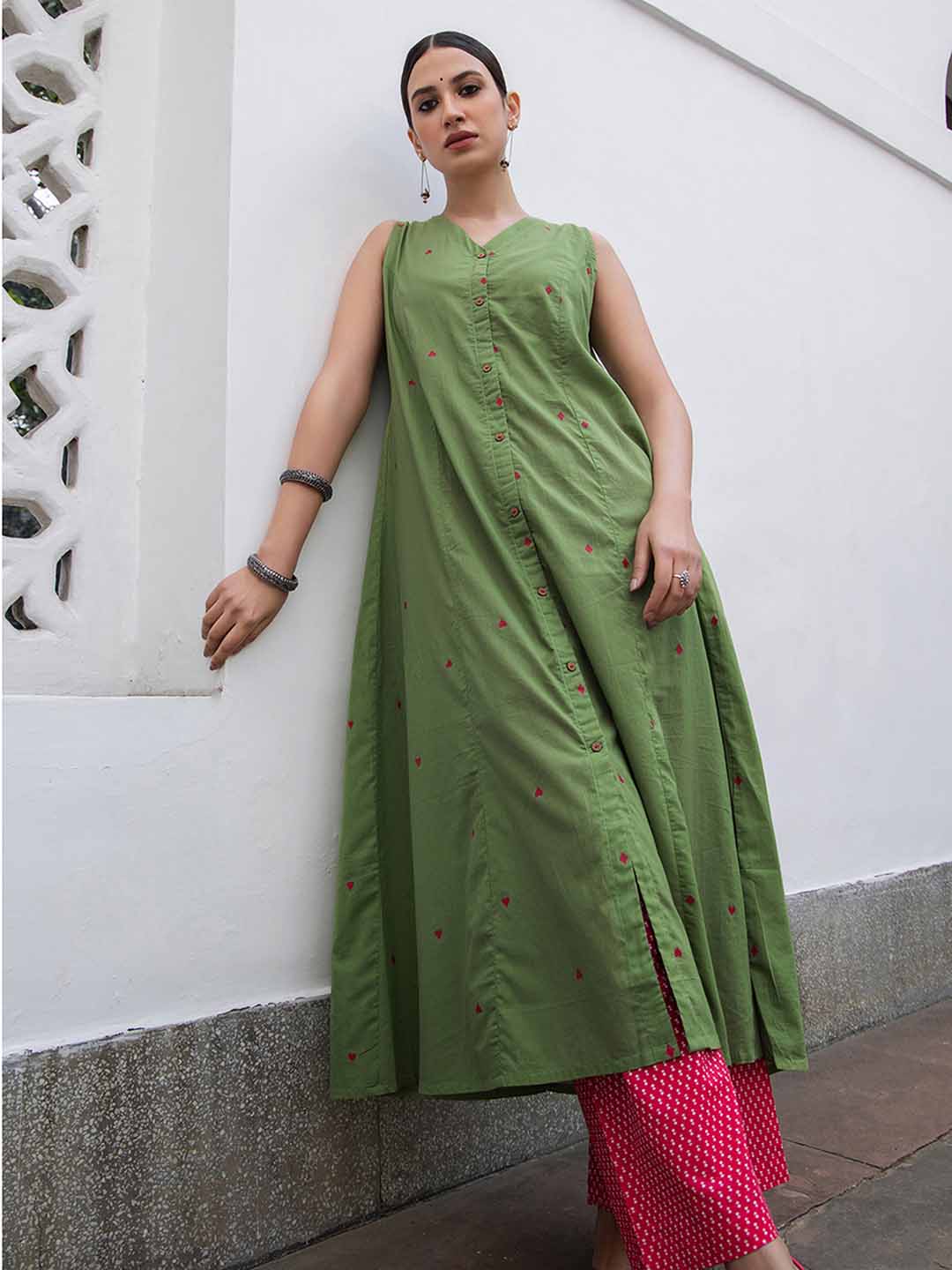 Green Cotton Geometric A-Line Kurta Set  - By Janasya