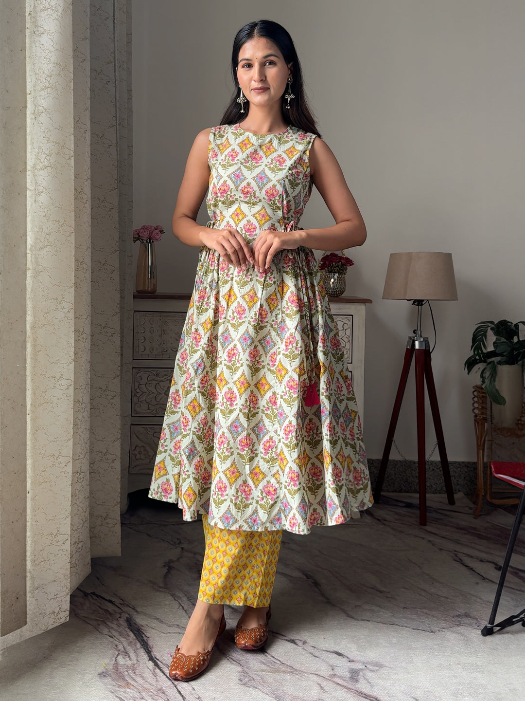 Light Green Cotton Ethnic Motif Side Pleated Kurta Set  - By Janasya