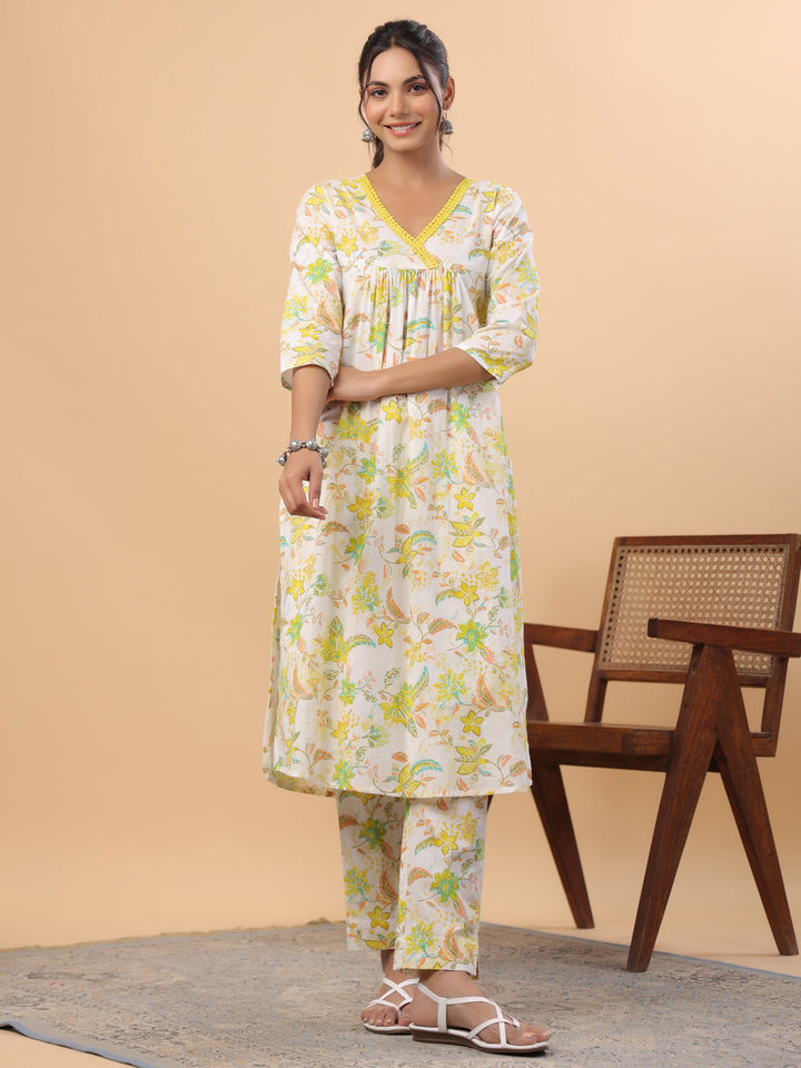 White Cotton Printed A-Line Kurta Set  - By Janasya