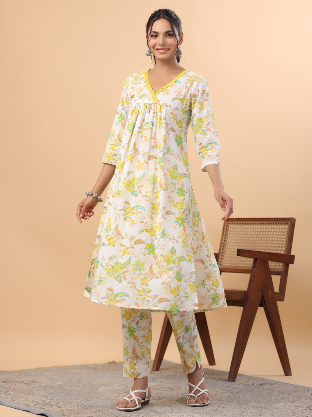 White Cotton Printed A-Line Kurta Set  - By Janasya