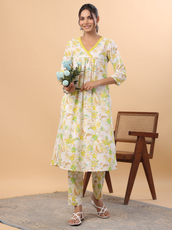 White Cotton Printed A-Line Kurta Set  - By Janasya