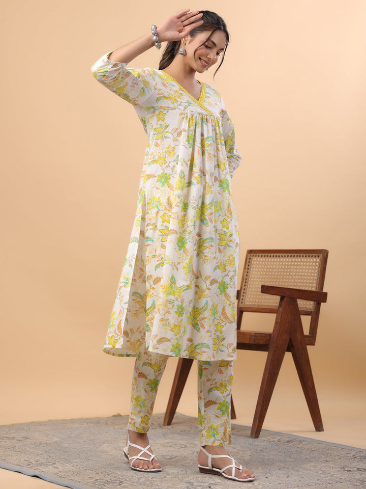 White Cotton Printed A-Line Kurta Set  - By Janasya