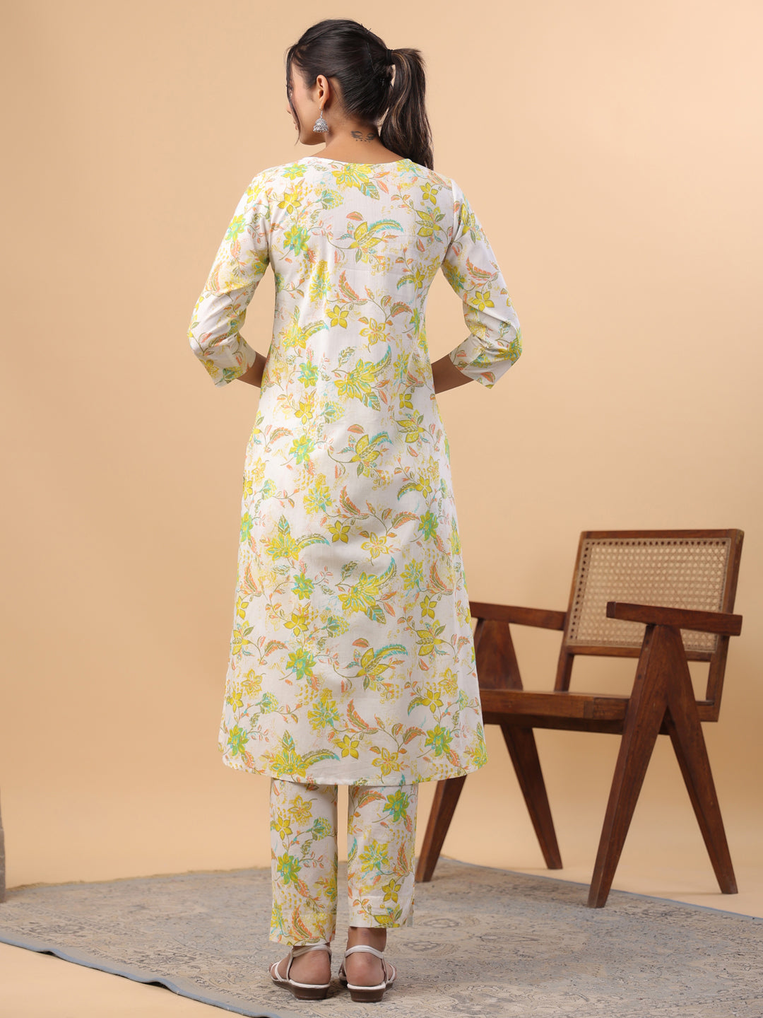 White Cotton Printed A-Line Kurta Set  - By Janasya