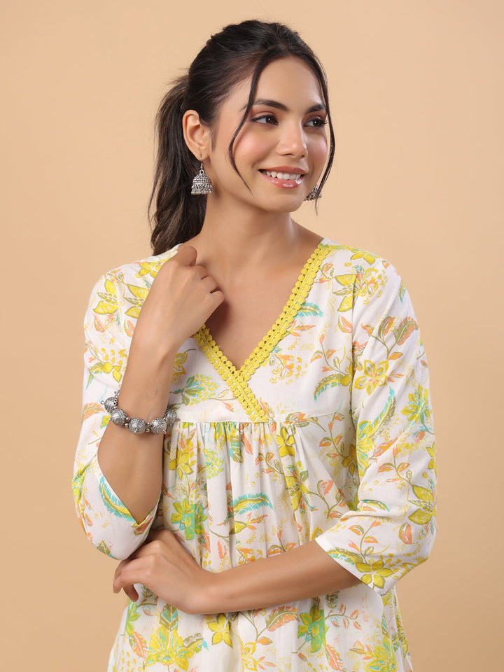 White Cotton Printed A-Line Kurta Set  - By Janasya