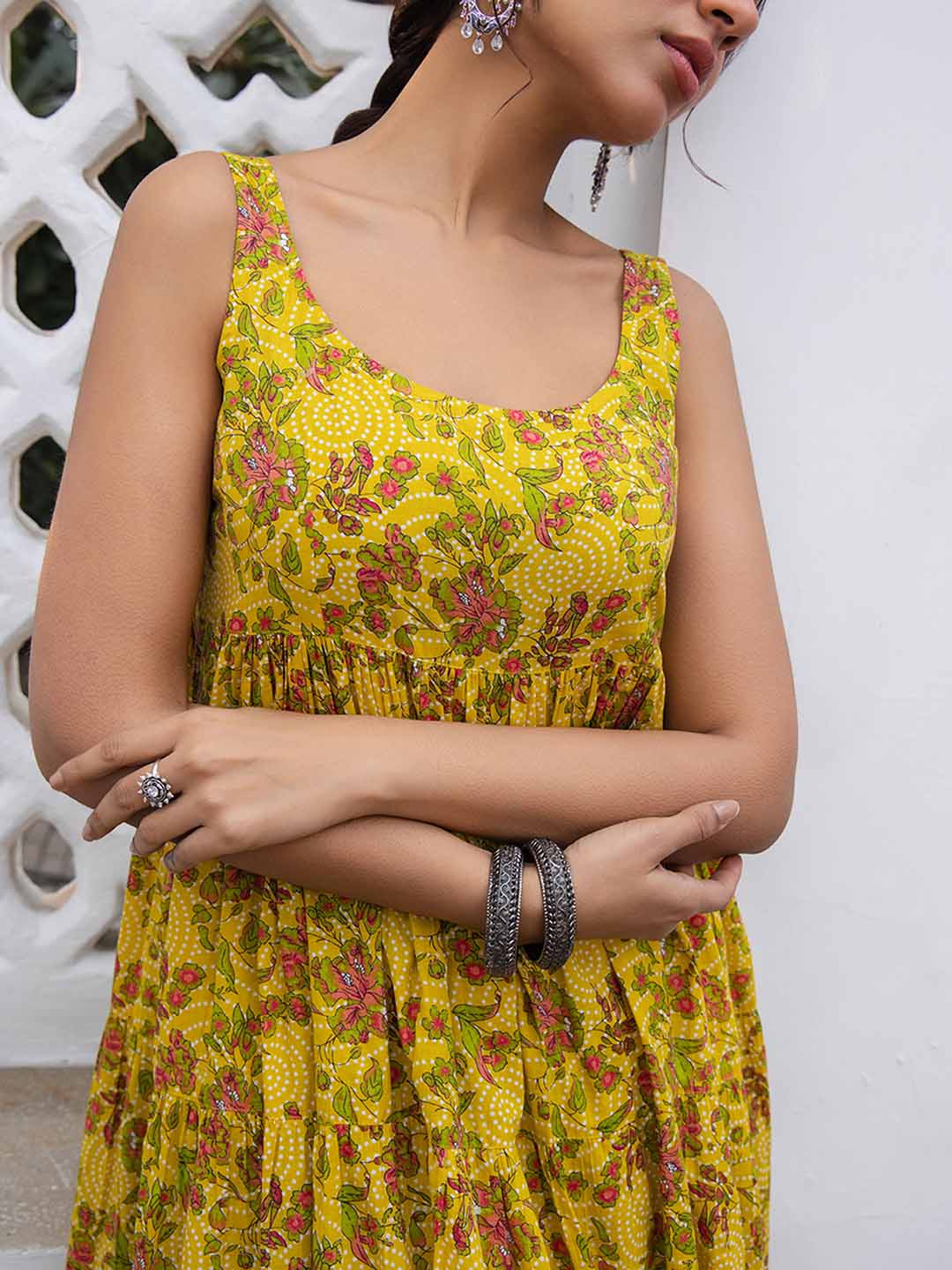 Mustard Cotton Floral Gathered Kurta Set  - By Janasya