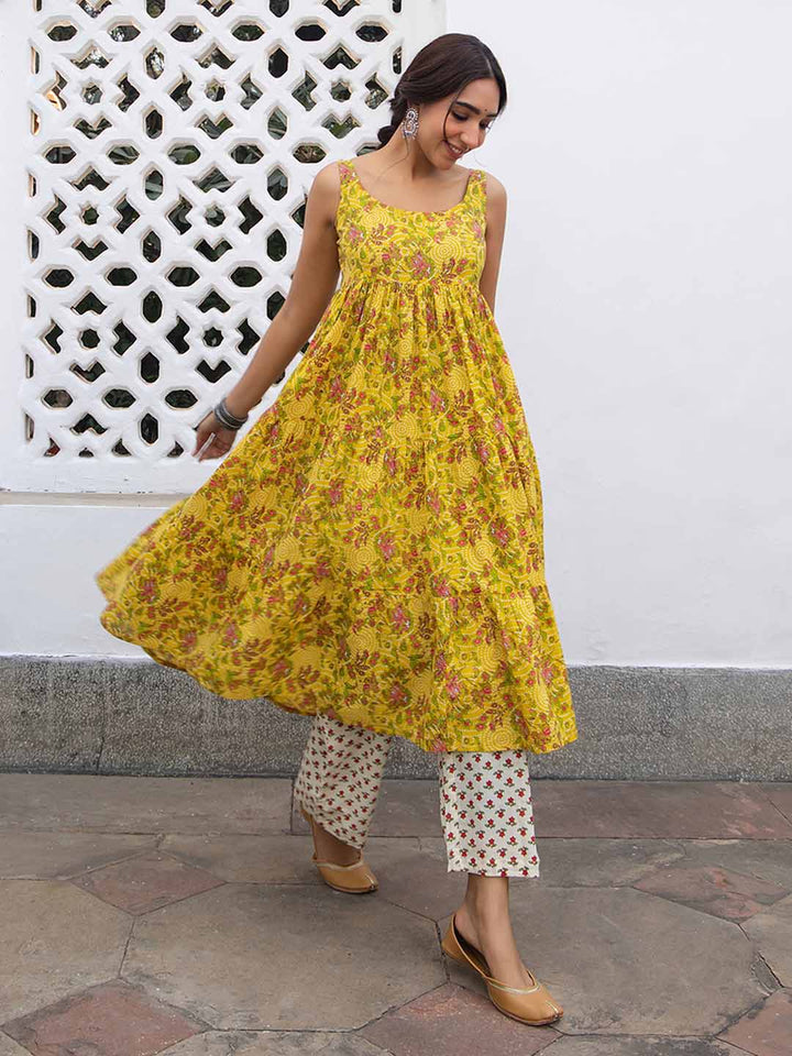 Mustard Cotton Floral Gathered Kurta Set  - By Janasya