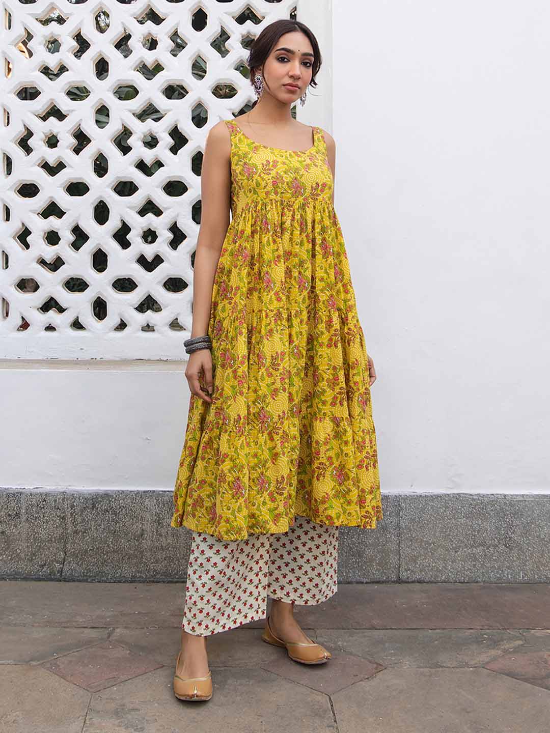 Mustard Cotton Floral Gathered Kurta Set  - By Janasya