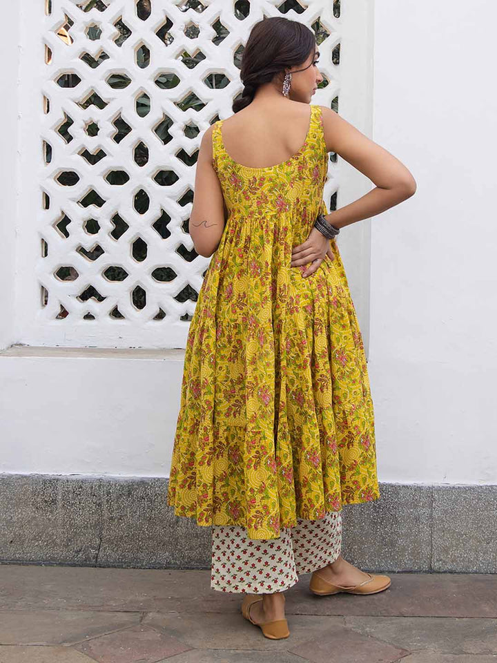 Mustard Cotton Floral Gathered Kurta Set  - By Janasya