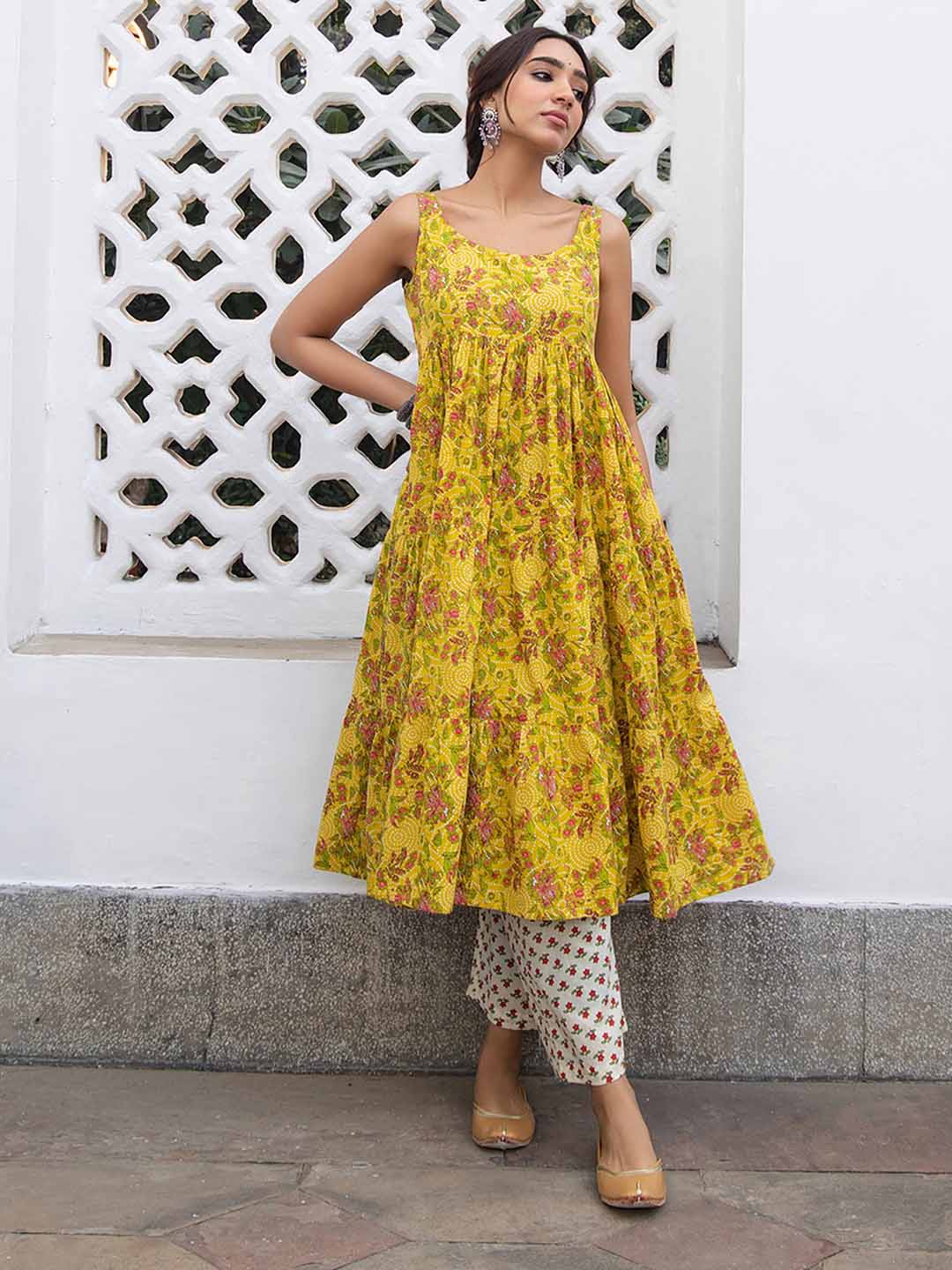 Mustard Cotton Floral Gathered Kurta Set - qivii