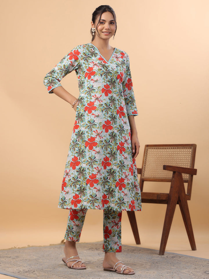 Blue Cotton Floral A-Line Co-ord Set  - By Janasya