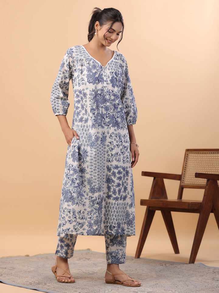 Off White Cotton Tropical Regular Kurta Set  - By Janasya