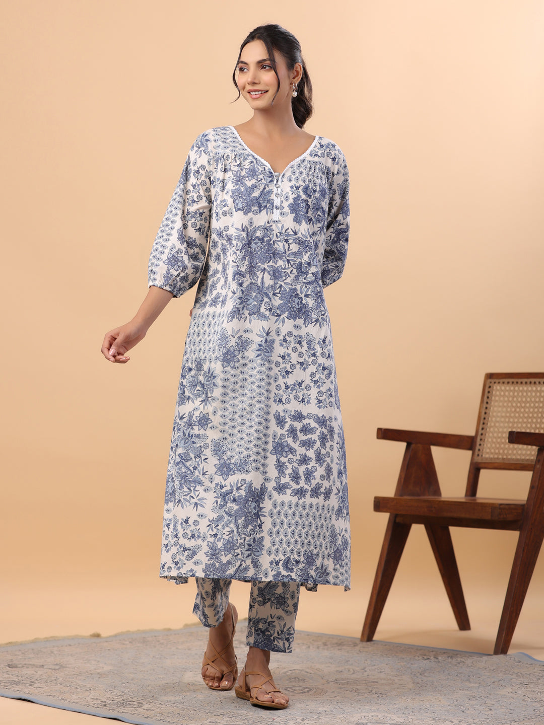 Off White Cotton Tropical Regular Kurta Set  - By Janasya