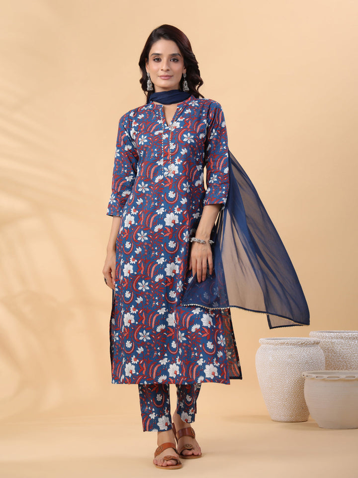 Navy Blue Cotton Floral Regular Kurta Set  - By Janasya