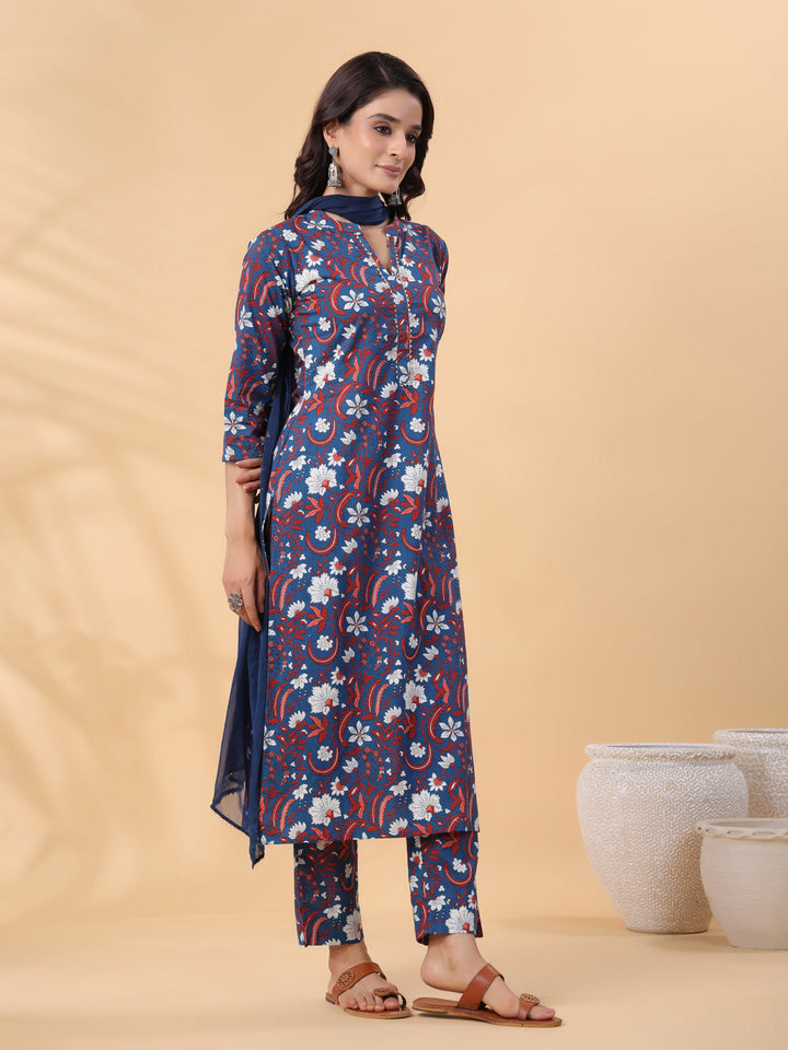 Navy Blue Cotton Floral Regular Kurta Set  - By Janasya