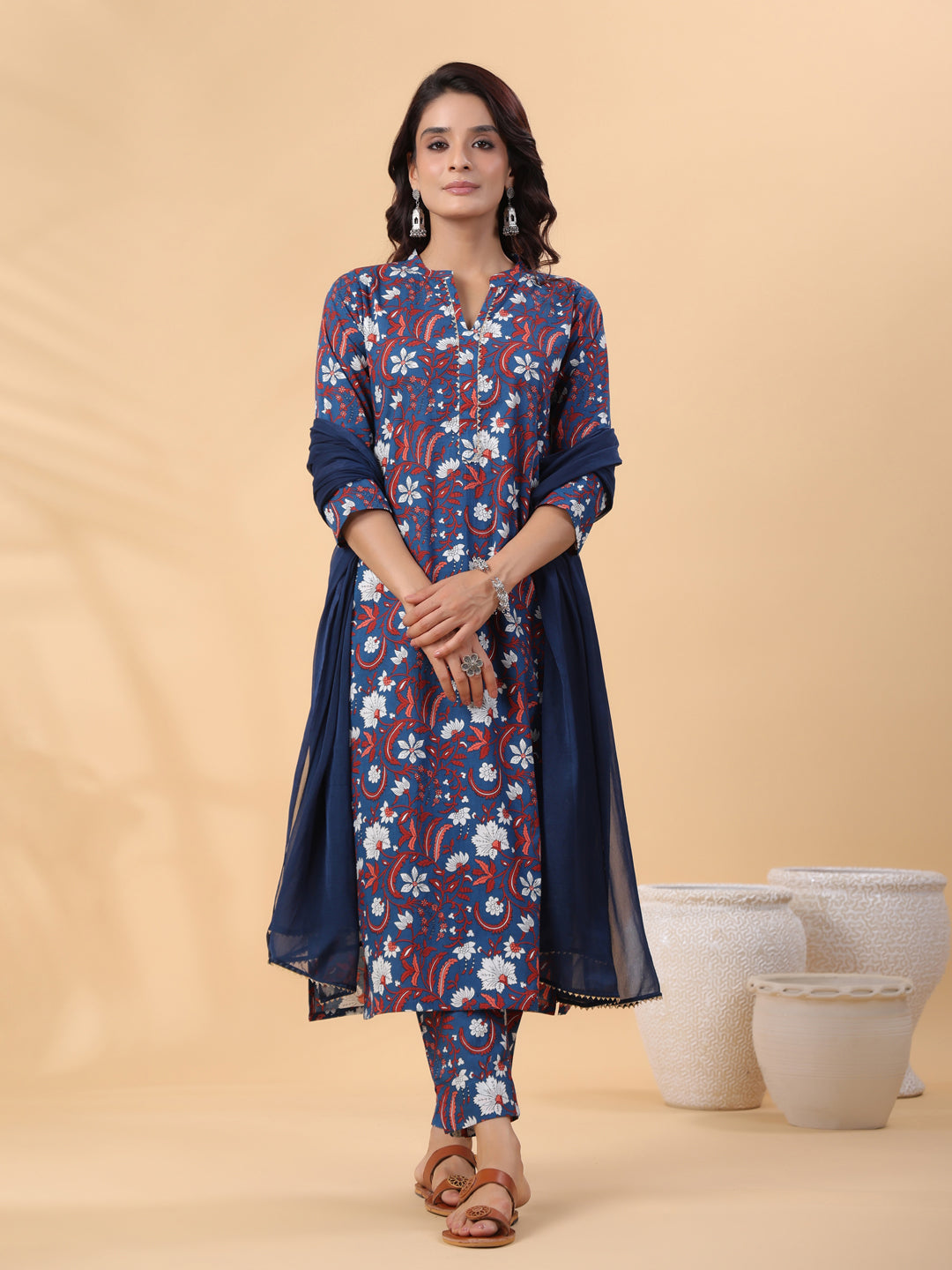 Navy Blue Cotton Floral Regular Kurta Set  - By Janasya