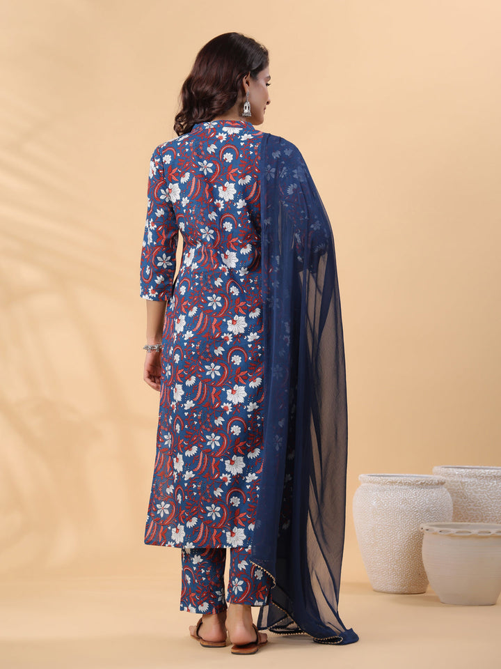 Navy Blue Cotton Floral Regular Kurta Set  - By Janasya