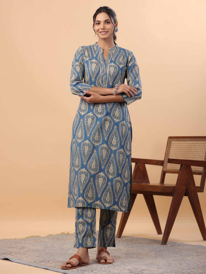 Blue Cotton Ethnic Motifs Regular Kurta Set  - By Janasya