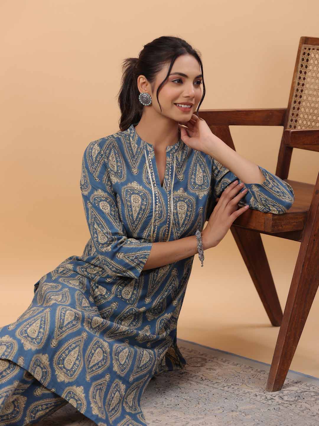 Blue Cotton Ethnic Motifs Regular Kurta Set  - By Janasya