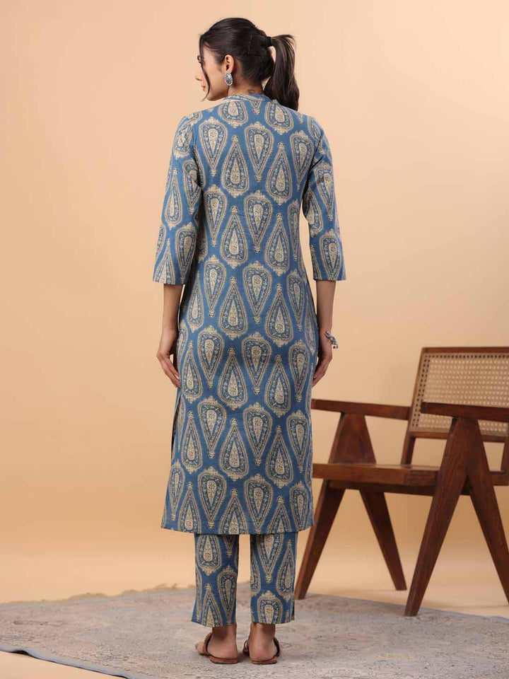 Blue Cotton Ethnic Motifs Regular Kurta Set  - By Janasya