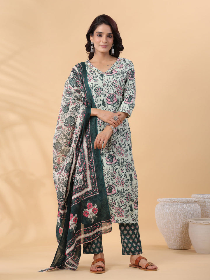 Sage Green Green Cotton Floral Regular Kurta Set  - By Janasya