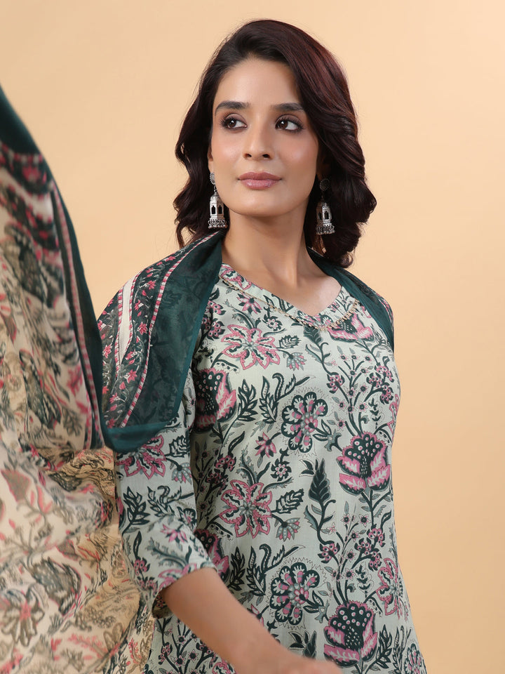 Sage Green Green Cotton Floral Regular Kurta Set  - By Janasya