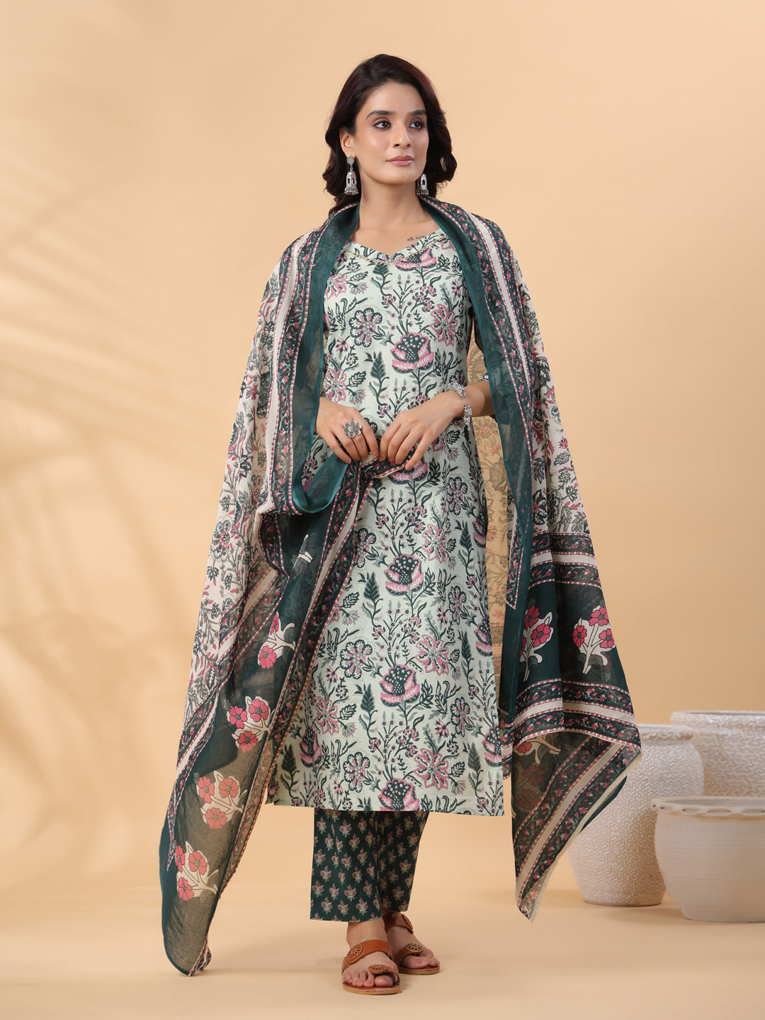 Sage Green Green Cotton Floral Regular Kurta Set  - By Janasya