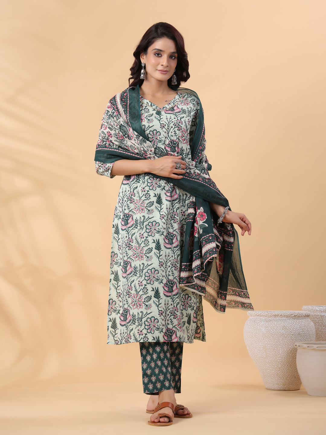 Sage Green Green Cotton Floral Regular Kurta Set  - By Janasya