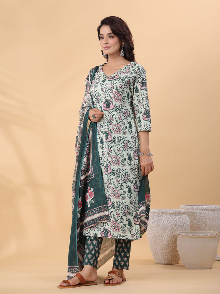 Sage Green Green Cotton Floral Regular Kurta Set  - By Janasya